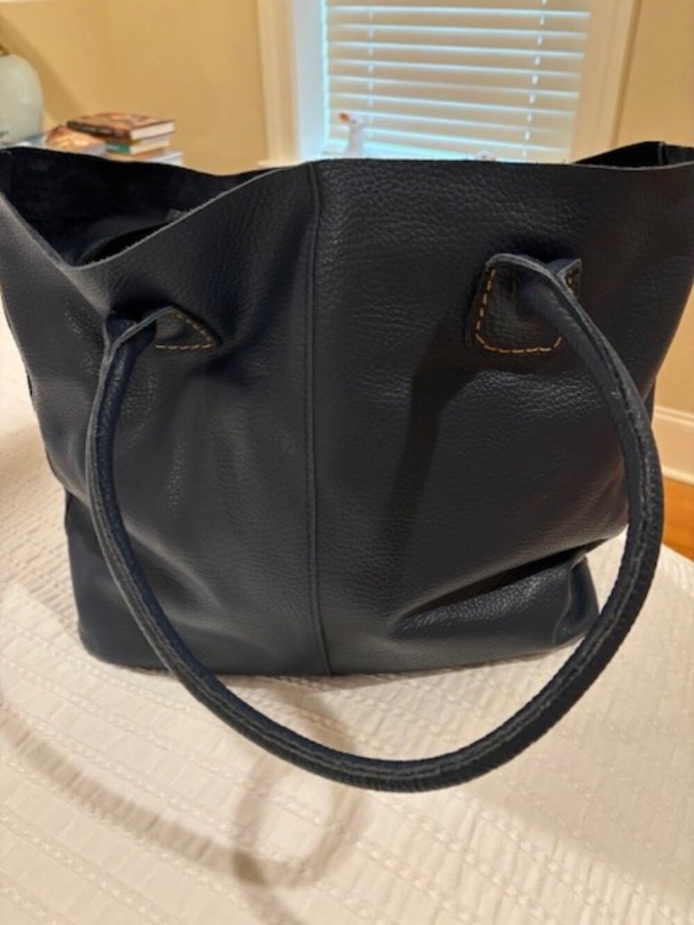 Navy Blue Leather Tote Bag